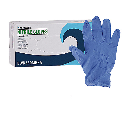Boardwalk® Disposable Nitrile Gloves, Medium, Blue, 4 mil, 100/BX (BWK380MBXA)