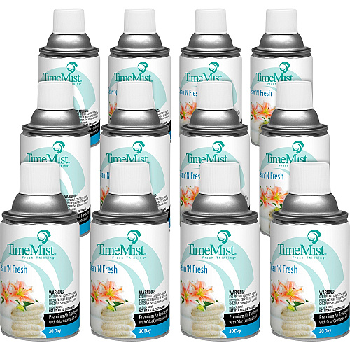 TimeMist Metered 30-Day Clean/Fresh Scent Refill Spray - 6000 ft³ - 6.6 fl oz (0.2 quart) - Fresh-N-Clean - 30 Day - Long Lasting, Odor Neutralizer - 12 / Carton (1042771CT)